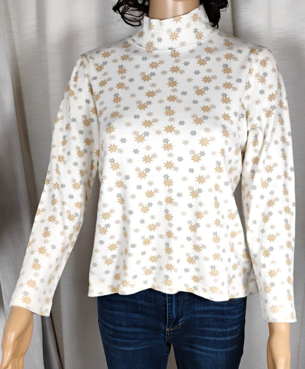Croft & Barrow Mock Neck Snowflake Top Metallic Cotton Jersey Knit White